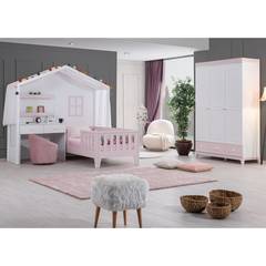 Letto per bambini Casger bianco e rosa con scrivania e armadio integrati