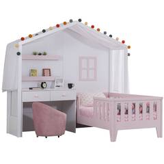 Letto per bambini Casger bianco e rosa con scrivania e armadio integrati