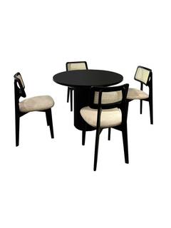 Design Tisch und 4 Stühle Set Belina Massivholz Schwarz und Beige Geflecht
