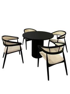 Tisch und 4 Stühle Moona Massivholz Schwarz und Geflecht Beige