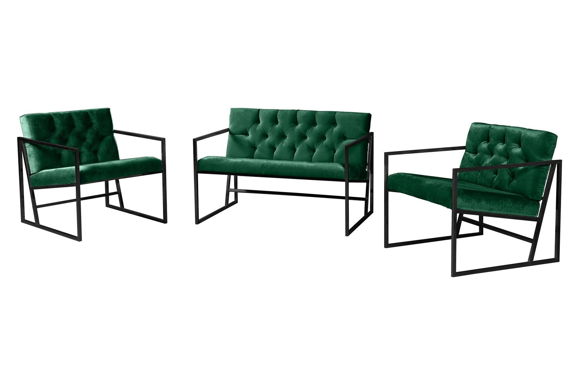 Ensemble canapé 2 places et 2 fauteuil Palara Velours Vert et Métal Noir