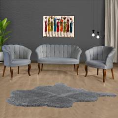 Set van 2-zitsbank en 2 Saned fauteuils in grijs fluweel en donker massief hout