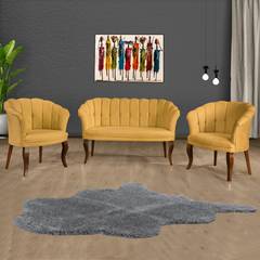 Set aus 2-Sitzer-Sofa und 2 Saned Sessel Velours Senf und dunklem Massivholz