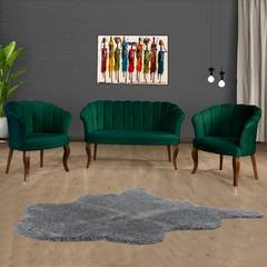 Set di divano a 2 posti e 2 poltrone Saned in velluto verde e legno massiccio scuro
