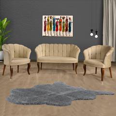 Conjunto de sofá de 2 plazas y 2 sillones Saned de terciopelo beige oscuro y madera maciza oscura