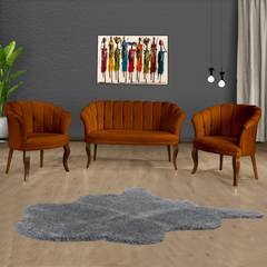 Set van 2-zitsbank en 2 fauteuils Saned Brick Velvet en Dark Solid Wood Red