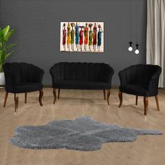 Set di divano a 2 posti e 2 poltrone Saned in velluto nero e legno massiccio scuro