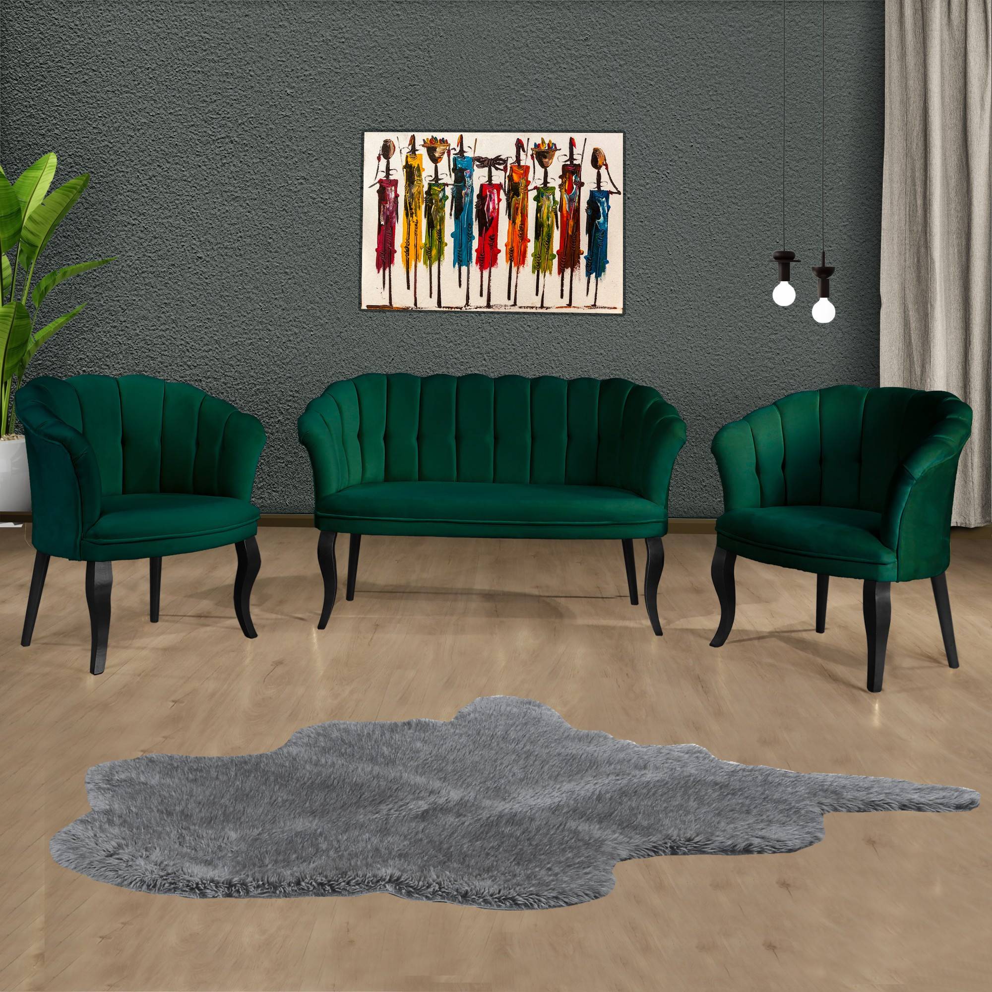 Set di divano a 2 posti e 2 poltrone in velluto verde Saned e legno massiccio nero
