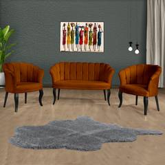 Conjunto de sofá de 2 plazas y 2 sillones Saned Terciopelo Rojo Ladrillo y Madera Maciza Negra