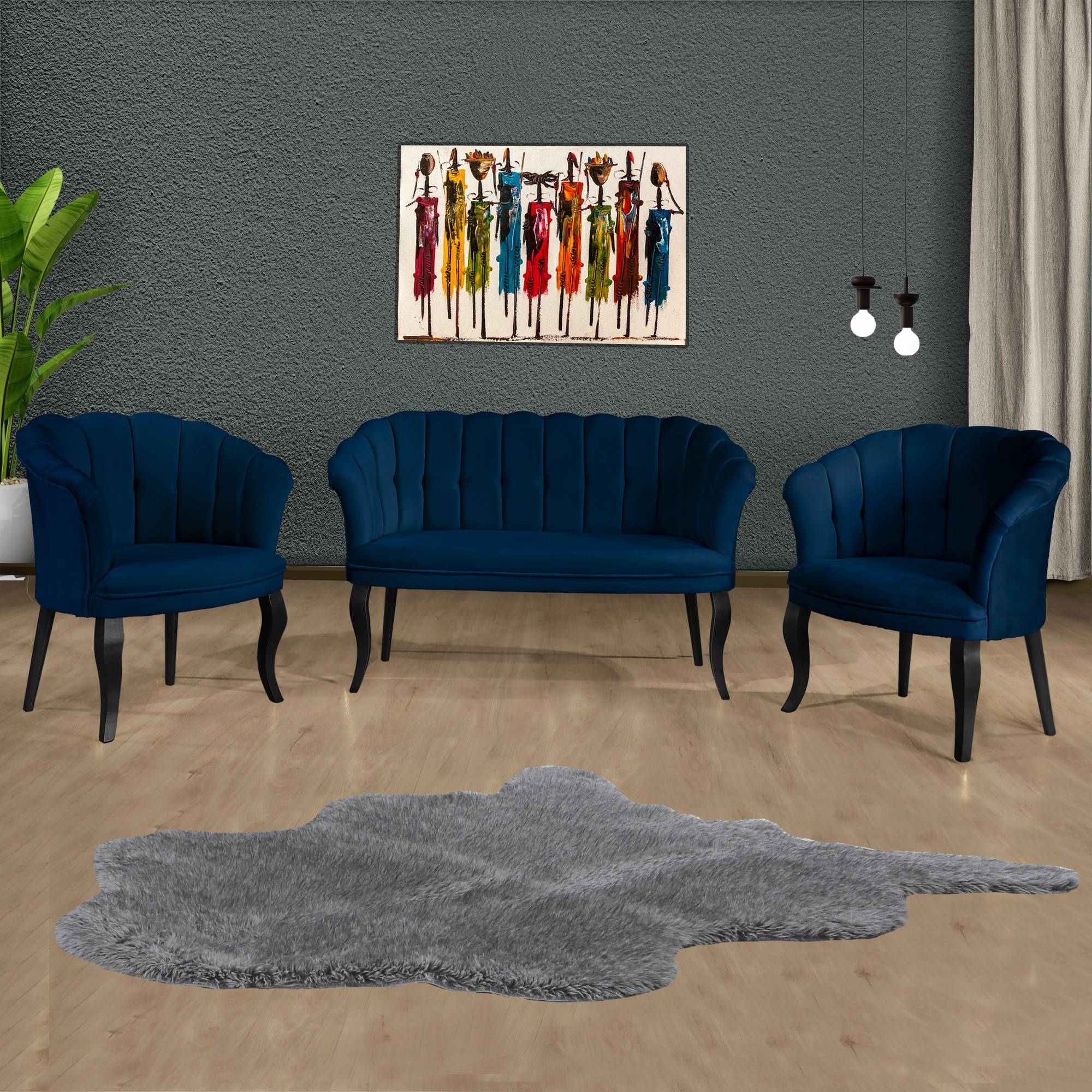 Set van 2-zitsbank en 2 Saned fauteuils Donkerblauw fluweel en zwart massief hout