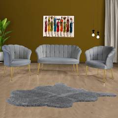Set di divano a 2 posti e 2 poltrone Sindy in velluto grigio chiaro e metallo dorato