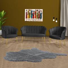Conjunto de sofá de 2 plazas y 2 sillones Sindy Velours Gris Oscuro y Metal Dorado