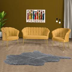 Set van 2-zitsbank en 2 Sindy fauteuils in mosterdkleurig fluweel en goudkleurig metaal