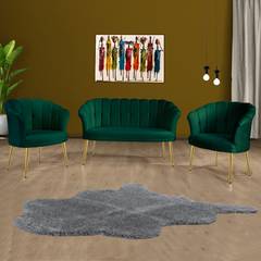 Set di divano a 2 posti e 2 poltrone Sindy in velluto verde e metallo dorato
