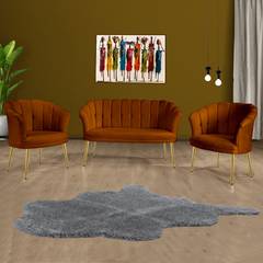 Set di divano a 2 posti e 2 poltrone Sindy in velluto rosso mattone e metallo dorato