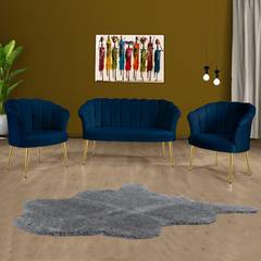 Set di divano a 2 posti e 2 poltrone Sindy in velluto blu scuro e metallo dorato