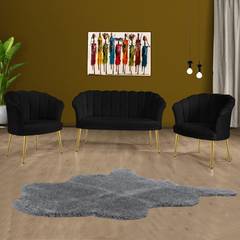 Set di divano a 2 posti e 2 poltrone Sindy in velluto nero e metallo dorato