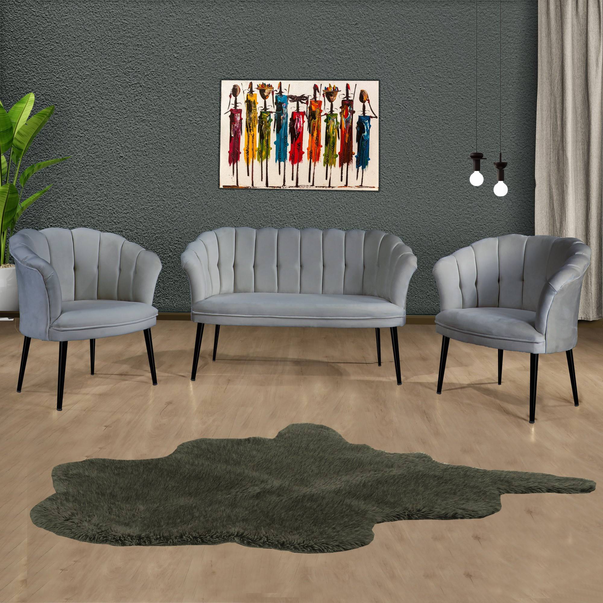 Set di divano a 2 posti e 2 poltrone Sindy in velluto grigio e metallo nero