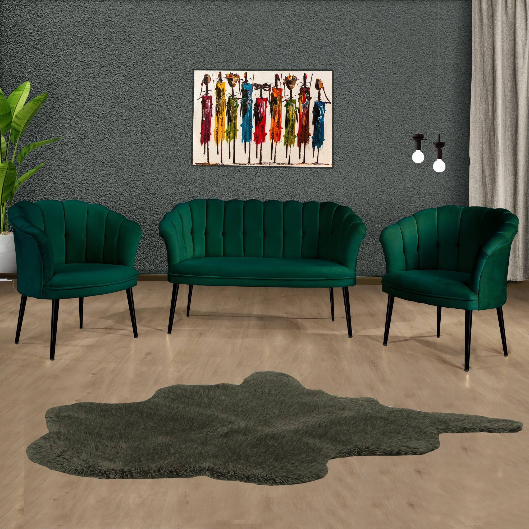 Set van 2-zitsbank en 2 Sindy fauteuils in groen fluweel en zwart metaal