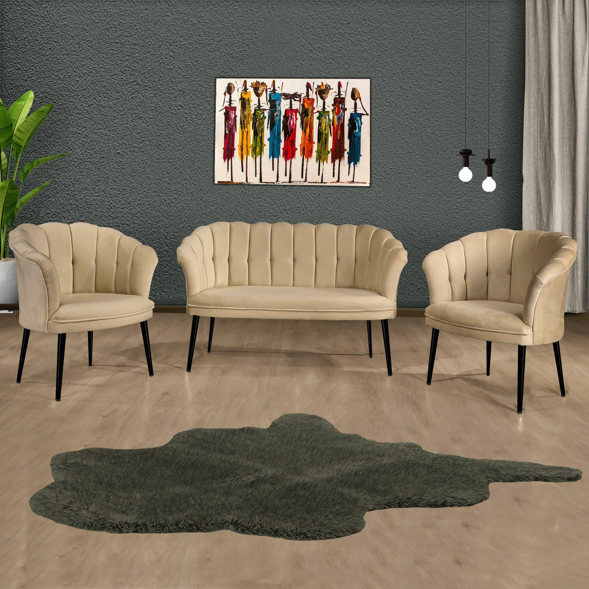 Set di divano a 2 posti e 2 poltrone Sindy in velluto beige scuro e metallo nero