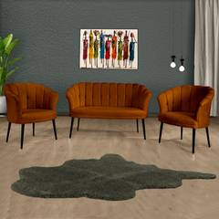 Set di divano a 2 posti e 2 poltrone Sindy in velluto rosso mattone e metallo nero