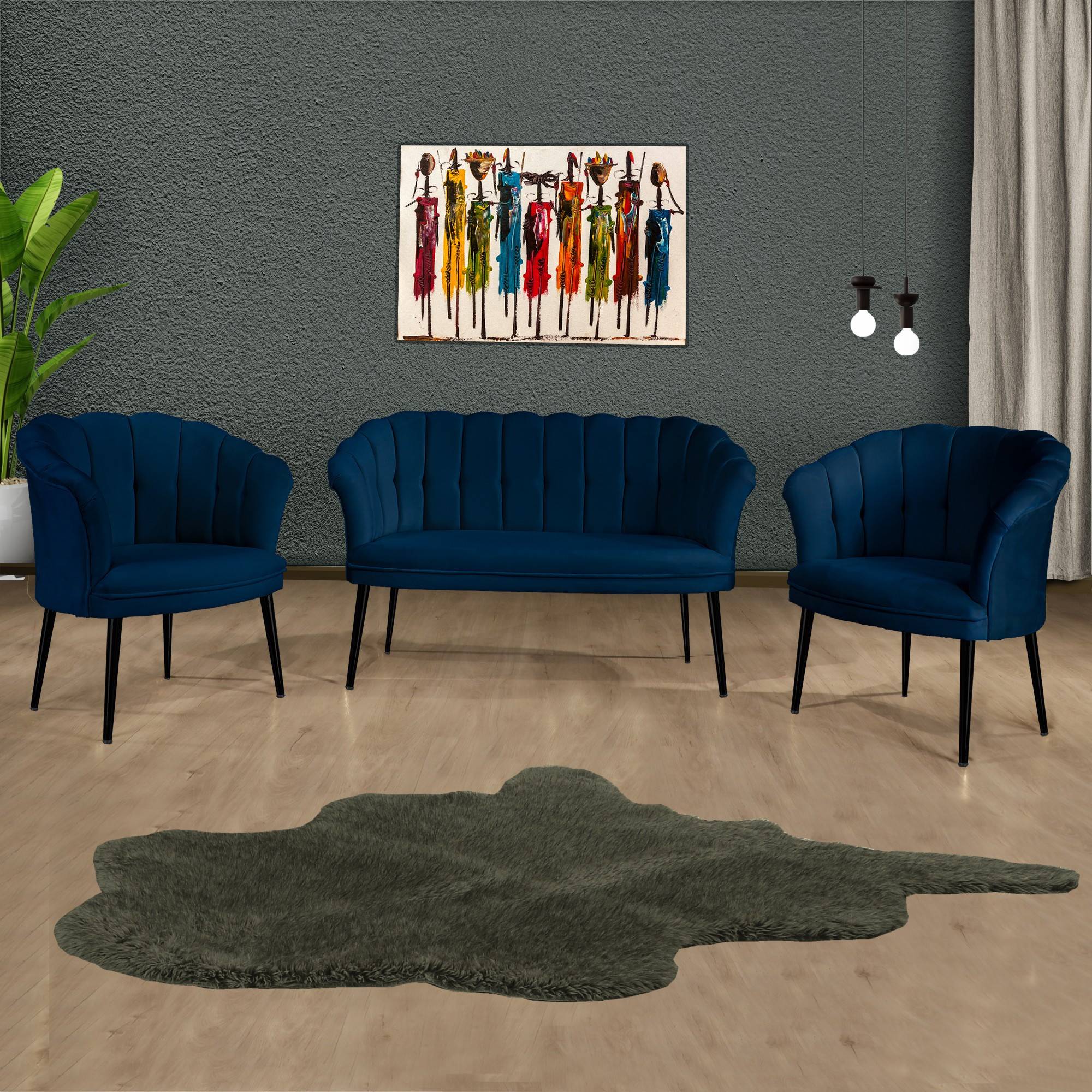 Set di divano a 2 posti e 2 poltrone Sindy in velluto blu scuro e metallo nero