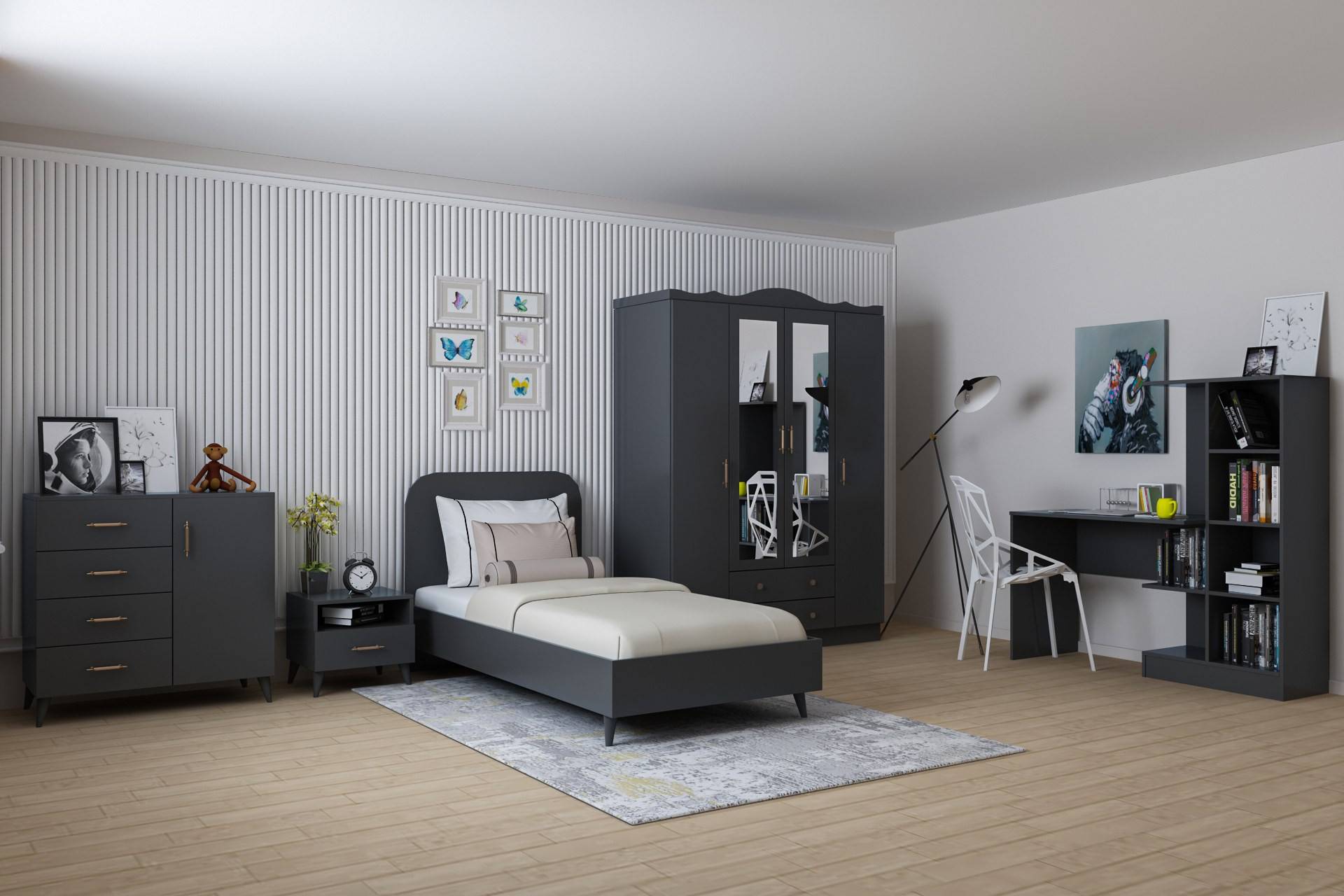 Skye-slaapkamer met bed van 90x190 cm en 4 antracietkleurige elementen