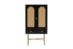 Design dressoir met riet Kalfi L80xH150cm Zwart en beige hout met gouden pootjes