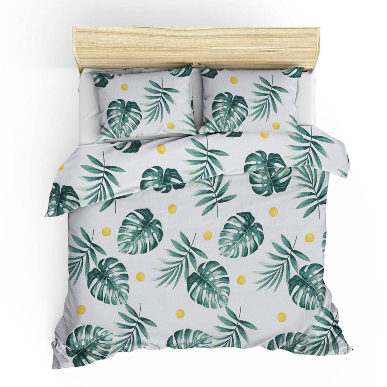 Set aus Bettbezug 240x220cm und 2 Kissenbezügen Zia Stoff Motiv Tropische Blätter Grün und Weiß