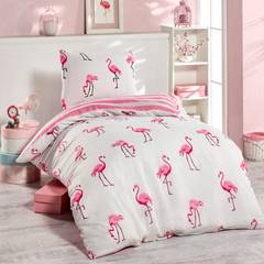Set Bettdeckenbezug 140x200cm und 1 Kopfkissenbezug Tucorb Stoff Motiv Flamingos Puderrosa und Weiß