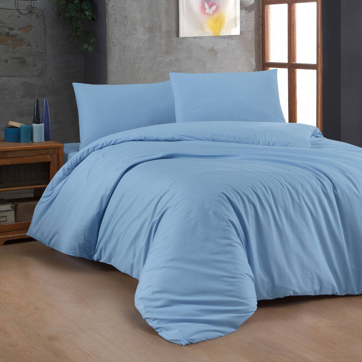 Set Bettdeckenbezug 240x220cm und 2 Kissenbezüge 60x60cm Lovina uni 100% baumwollstoff Hellblau