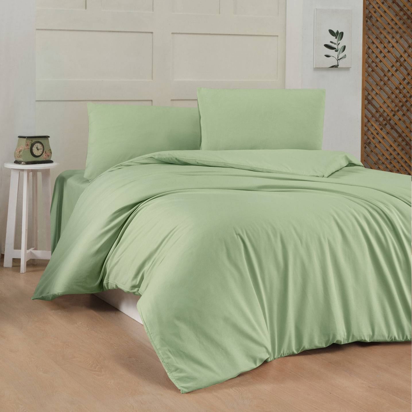 Set Bettdeckenbezug 240x220cm und 2 Kissenbezüge 60x60cm Lovina uni 100% baumwollstoff Hellgrün