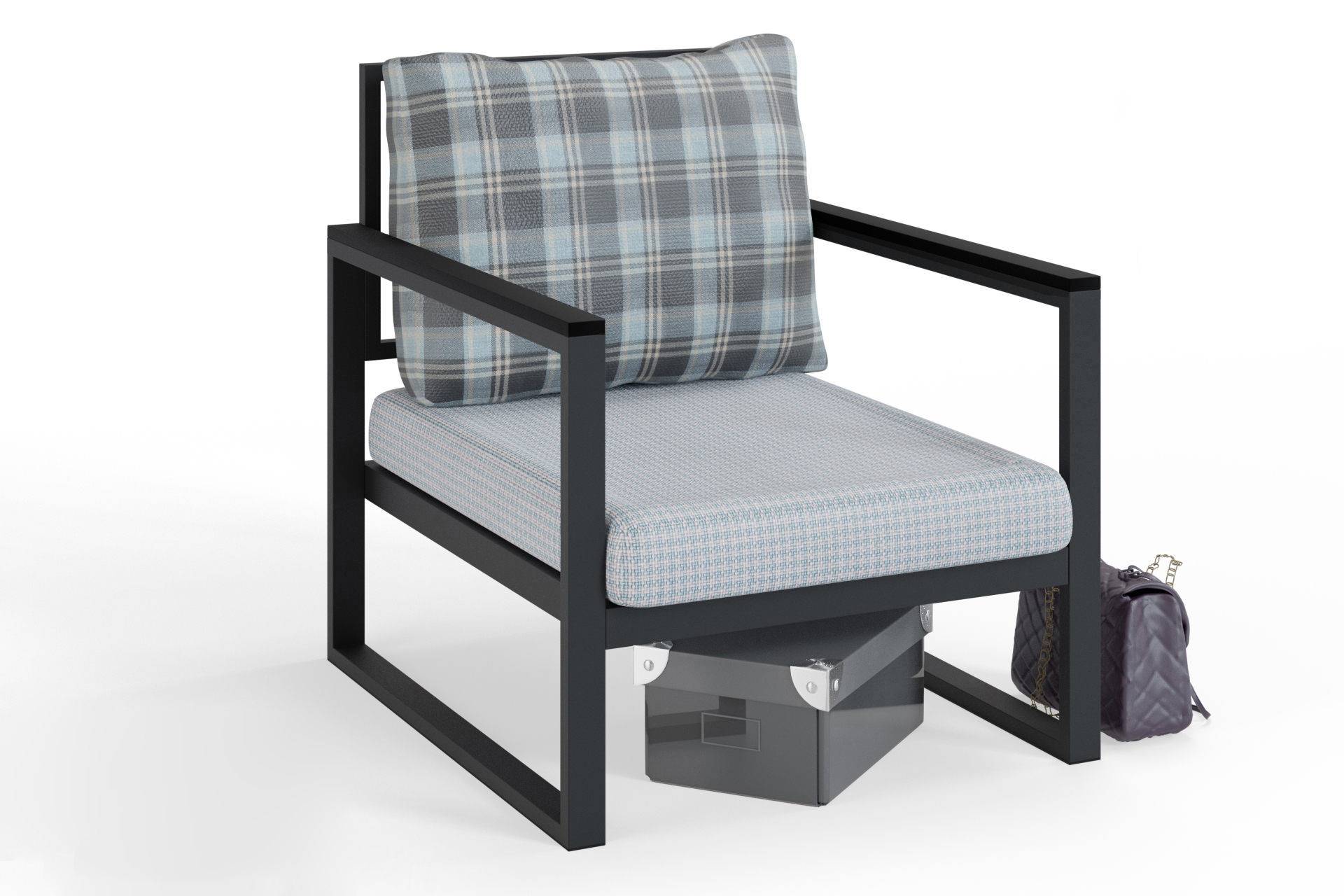 Eigentijdse fauteuil Omer van zwart metaal en stof, zitting met lichtblauw houndstoothpatroon en kussen met lichtblauw en grijs ruitmotief