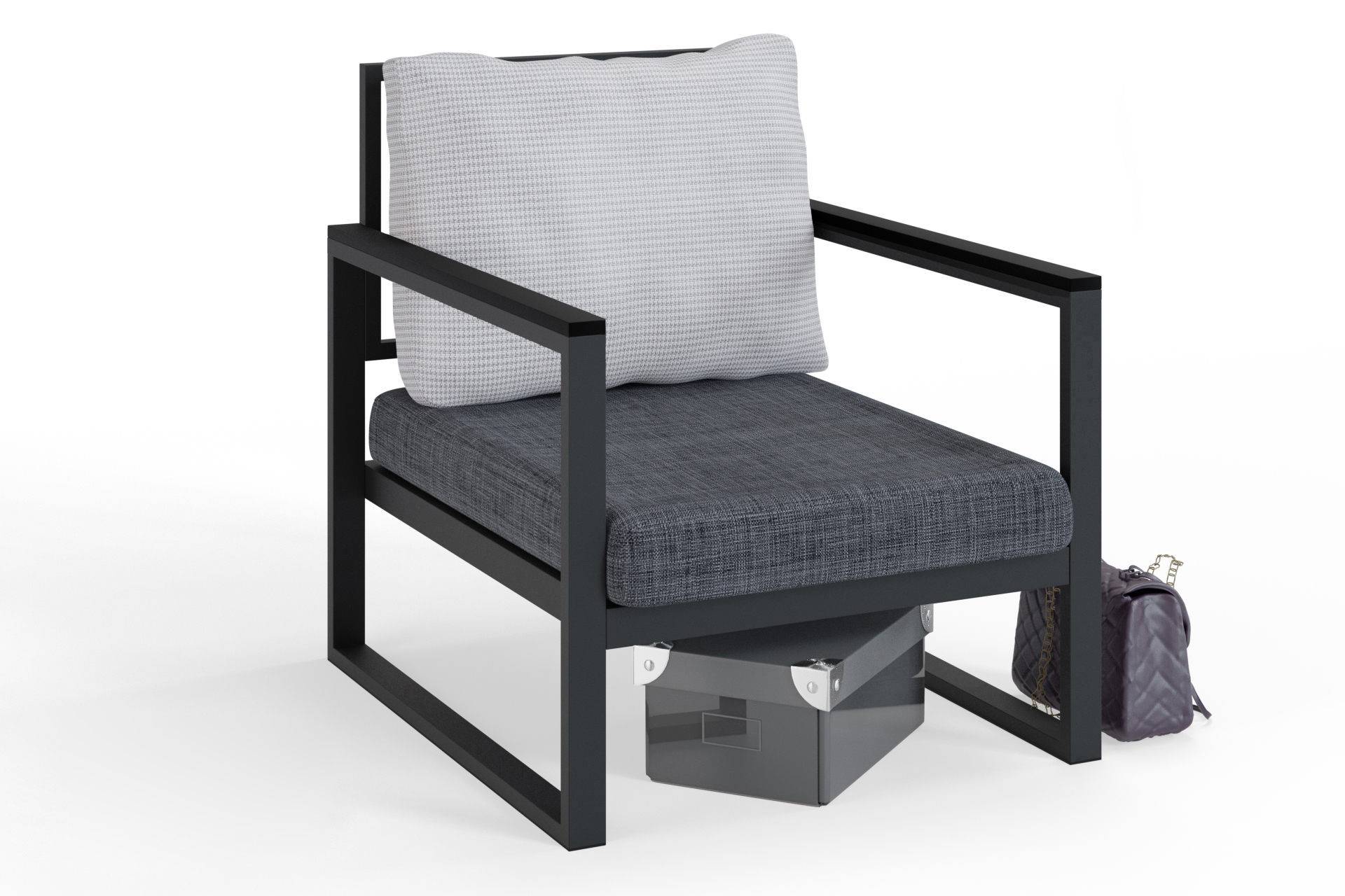 Moderner Sessel Omer Schwarzes Metall und Stoff, graue Sitzfläche und graues Kissen mit Hahnentrittmuster
