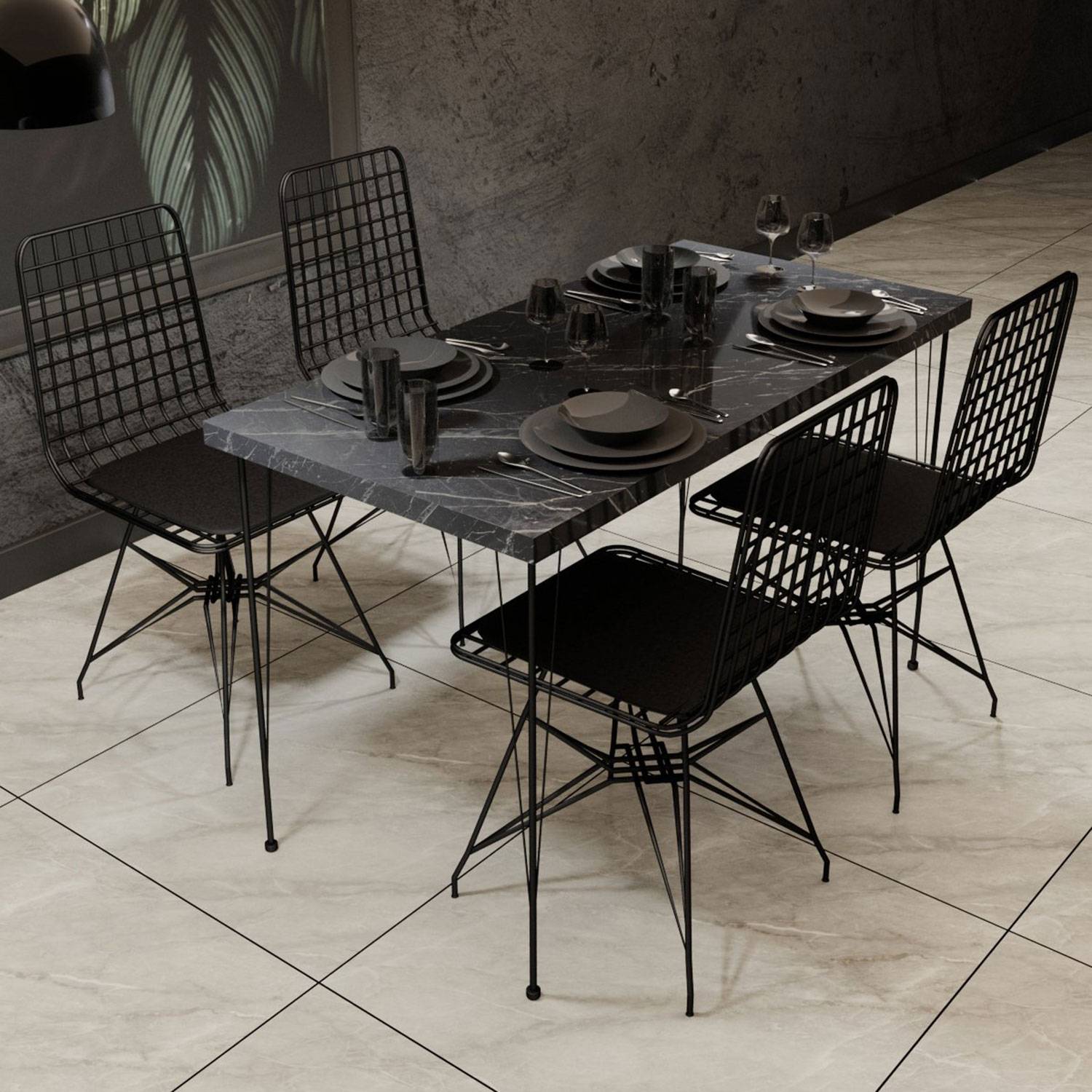 Juego de mesa y 5 sillas Liang Metal Negro y Madera Negra efecto mármol