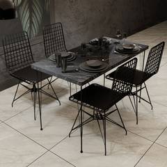 Set di tavolo e 5 sedie Liang in metallo nero e legno nero effetto marmo