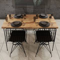 Set aus Tisch und 5 Stühlen Liang Metall Schwarz und Holz helle Eiche