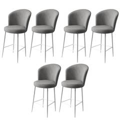 Lote de 6 sillas de bar Floranso de terciopelo gris y metal blanco