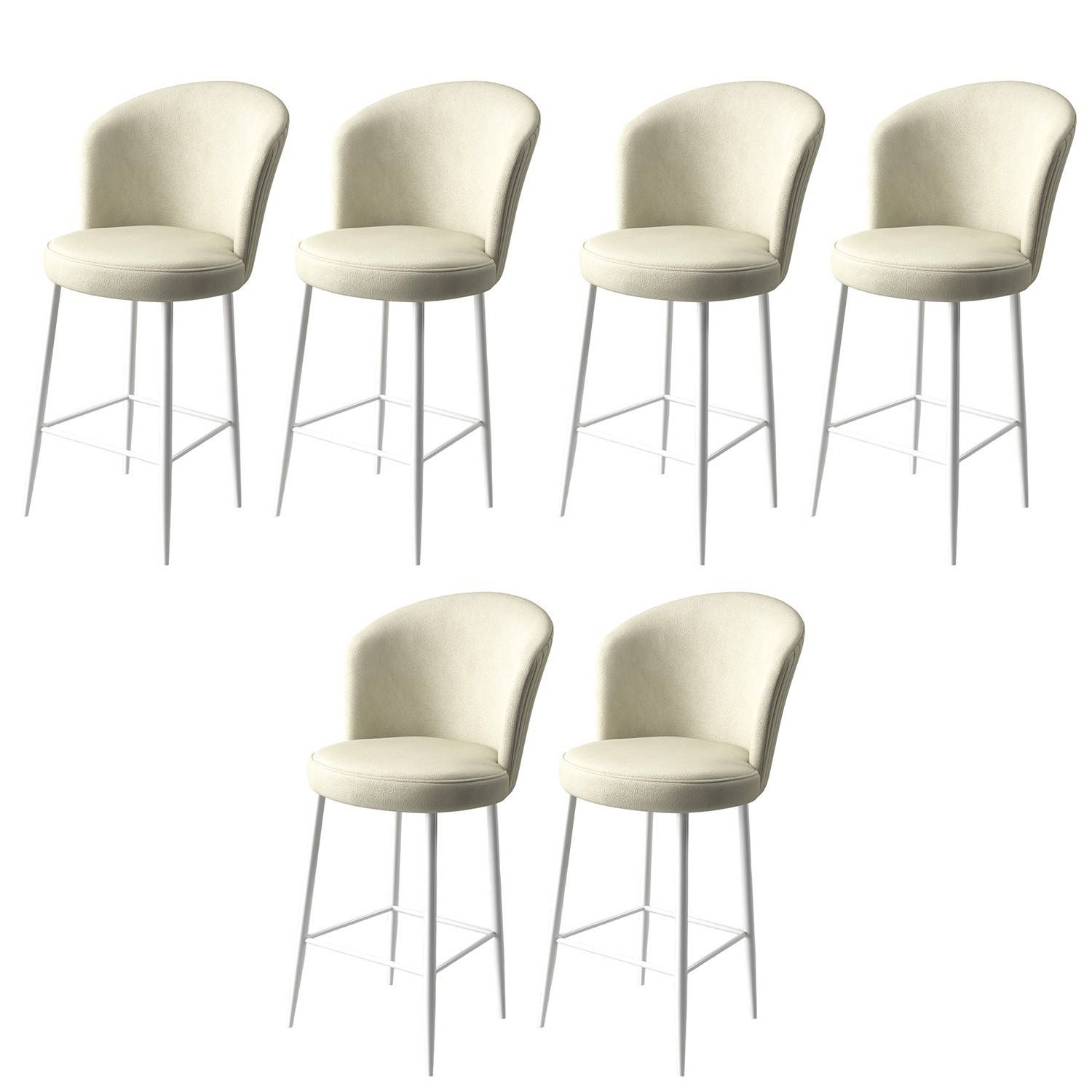 Lote de 6 sillas de bar Floranso de terciopelo crema y metal blanco