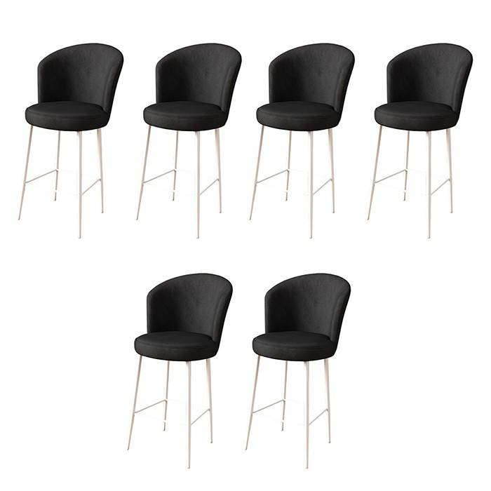 Lote de 6 sillas de bar Floranso de terciopelo negro y metal blanco