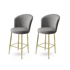 Lote de 2 sillas de bar Floranso de terciopelo gris y metal dorado