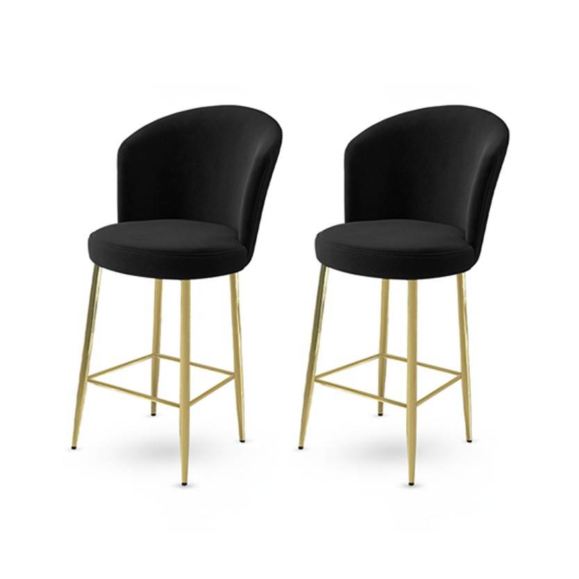 Set di 2 sedie da bar Floranso in velluto nero e metallo dorato