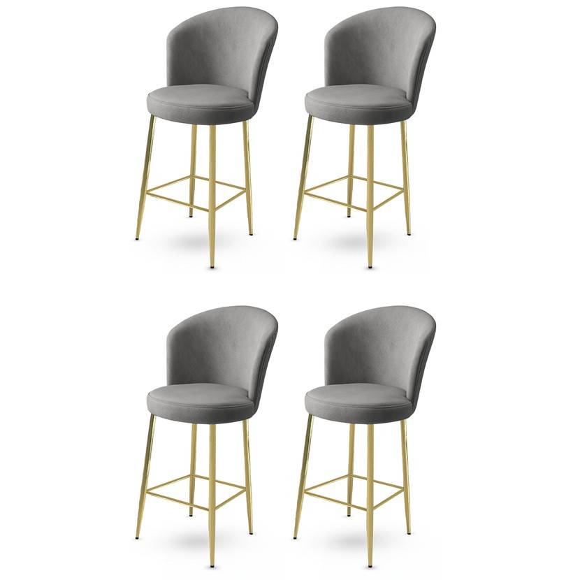 Set di 4 sedie da bar Floranso in velluto grigio e metallo dorato