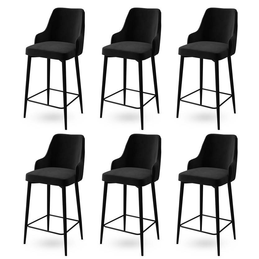 Lote de 6 sillas de bar Nairis de terciopelo negro y metal