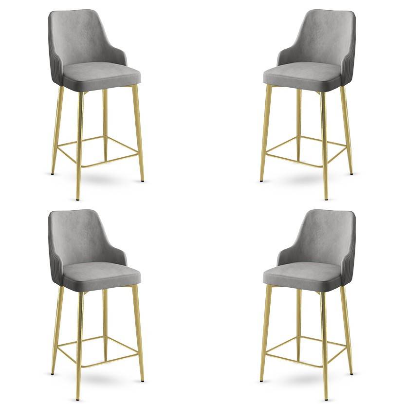 Lote de 4 sillas de bar Nairis de terciopelo gris y metal dorado