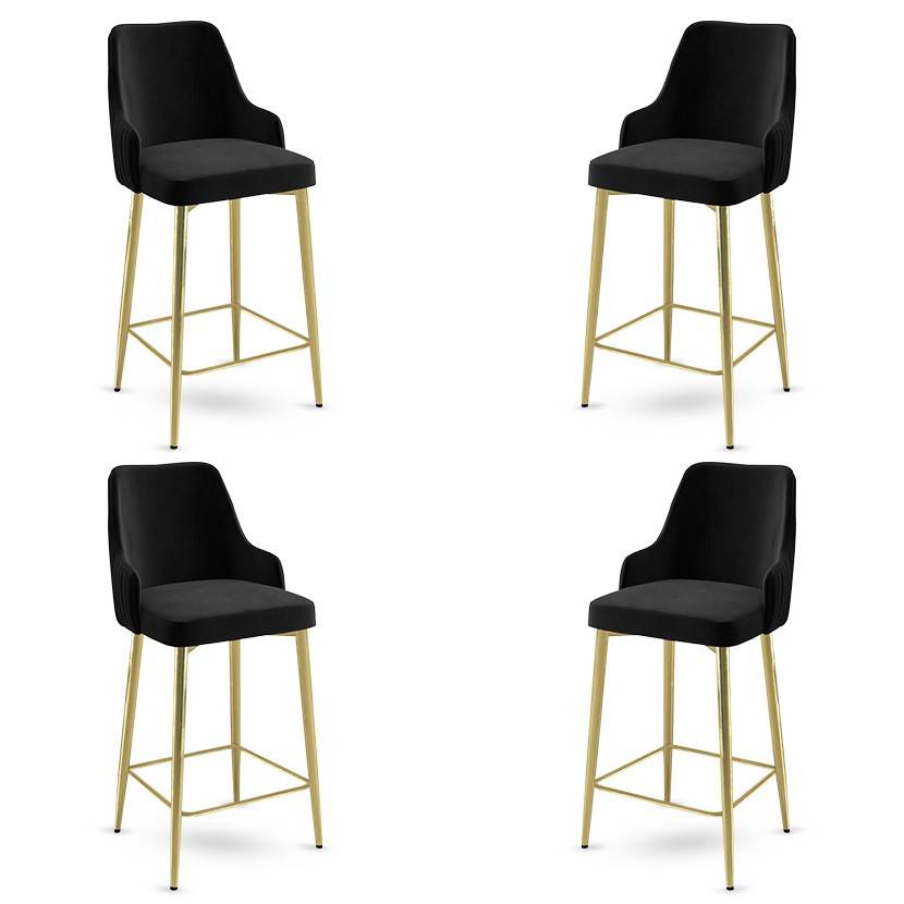 Set di 4 sedie da bar Nairis in velluto nero e metallo dorato