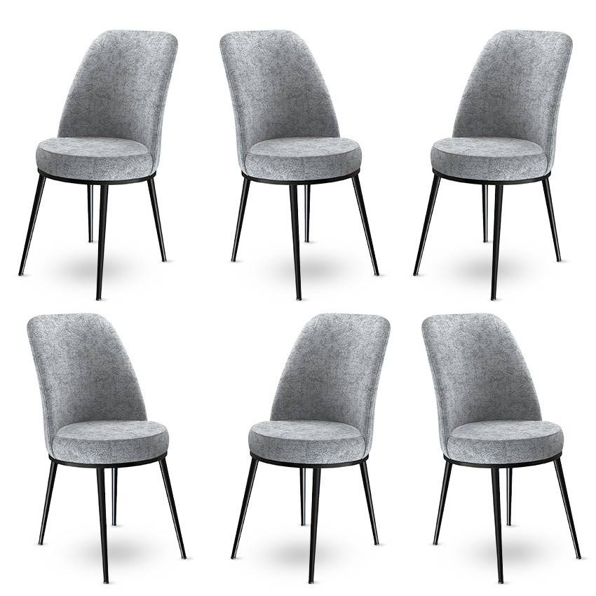 Set van 6 Olgino stoelen van grijs fluweel en zwart metaal