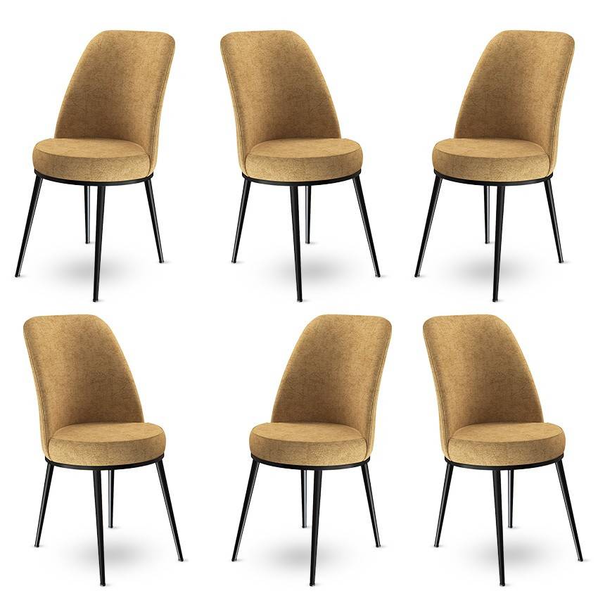 Set van 6 Olgino stoelen van cappuccino fluweel en zwart metaal