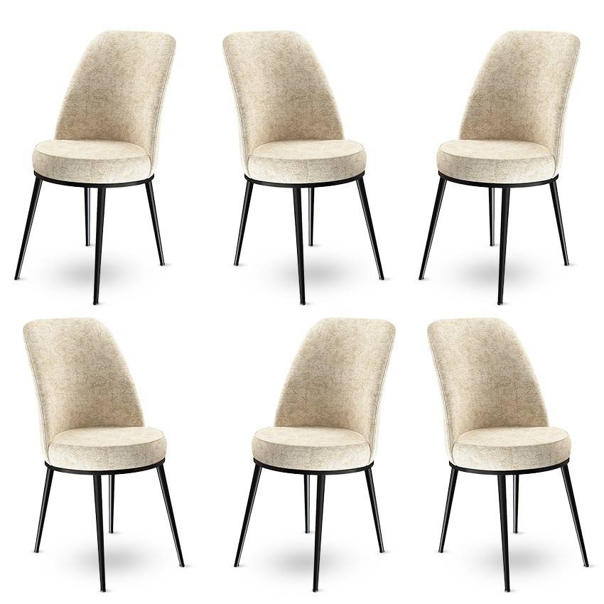Set van 6 Olgino stoelen van crèmekleurig fluweel en zwart metaal