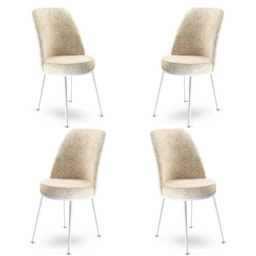 Set van 4 Olgino stoelen van crèmekleurig fluweel en wit metaal